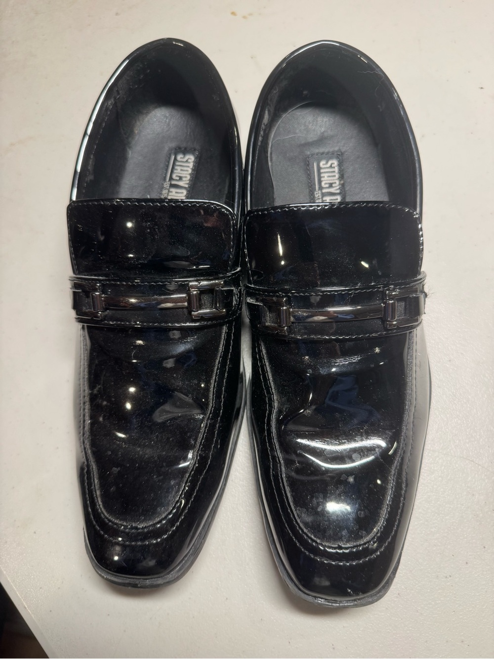 Stacy Adams Men's Glossy Black Bit-Detail Slip-Ons, size 9.5M